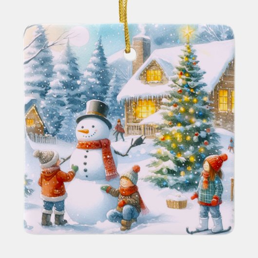 Retro Kerstsnowman Keramisch Ornament (Voorkant)