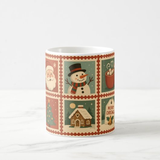 Retro Kerststempel Collage Vakantie Mok (Center)