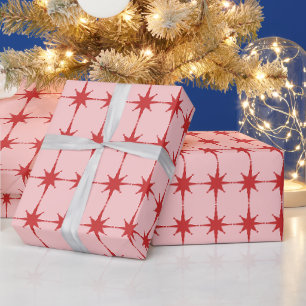 Retro Kerststerren roze en rood patroon Cadeaupapier