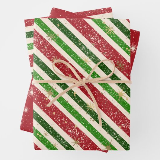 Retro Kerststrepen en Sterren Inpakpapier Vel (In situ)