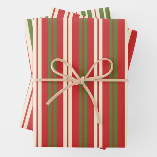 Retro kerststrepen Green Red Cream Inpakpapier Vel (In situ)
