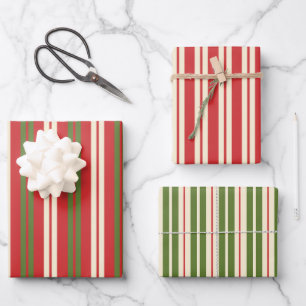 Retro kerststrepen Green Red Cream Inpakpapier Vel