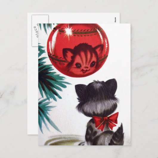 retro kerstvakantie kat briefkaart (Voorkant / Achterkant)