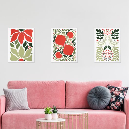 Retro Kerstvakantie Ornamenten & Botanisch Rood Muurkunst Sets (Woonkamer)