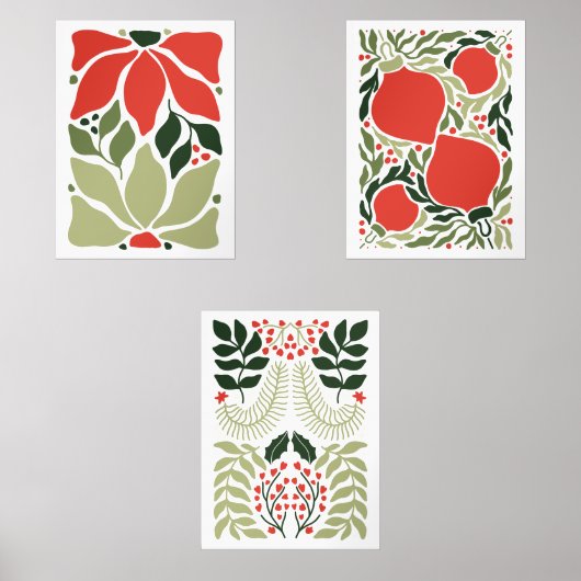 Retro Kerstvakantie Ornamenten & Botanisch Rood Muurkunst Sets (Voorkant)