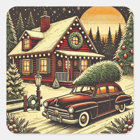 Retro kerstvakantie vierkante sticker (Voorkant)