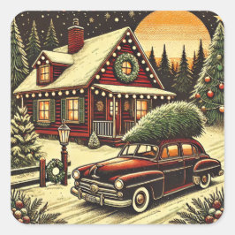 Retro kerstvakantie vierkante sticker