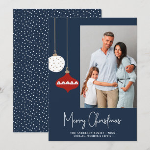 Retro kerstversieringen Blauwe fotofeestkaart Feestdagenkaart