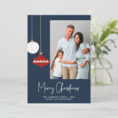 Retro kerstversieringen Blauwe fotofeestkaart Feestdagenkaart (Staand voorkant)