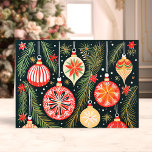 Retro kerstversieringen en dennentakken feestdagen kaart<br><div class="desc">Vier het seizoen met onze Retro Christmas Ornaments en Pine Branches Holiday Kaart! Deze charmante kaart is voorzien van een levendige illustratie van ornamenten in stijl die aan dennentakken hangen, geplaatst tegen een donkere, feestelijke achtergrond. Perfect voor het delen van vrolijke vakantiewensen, deze kaart legt de nostalgische en vrolijke geest...</div>