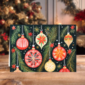 Retro kerstversieringen en dennentakken feestdagen kaart