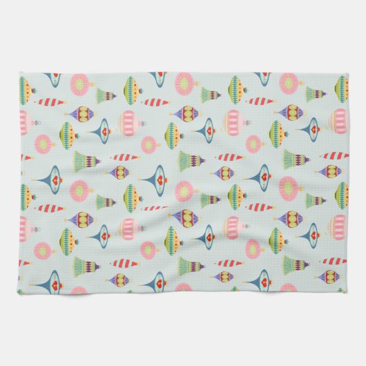 Retro kerstversieringen | Moderne middenstand Theedoek (Horizontaal)