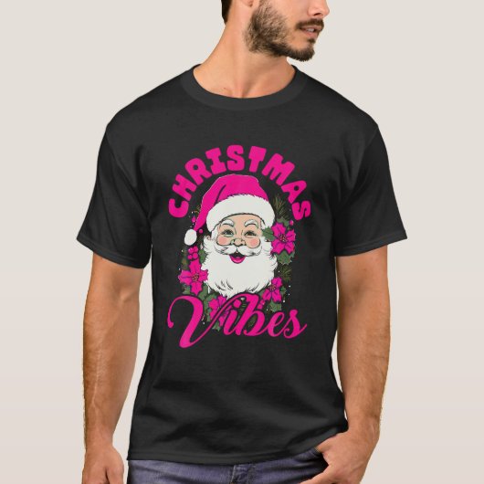 Retro Kerstvibes Roze Kerstman Grappige Kerstmis T-shirt (Voorkant)