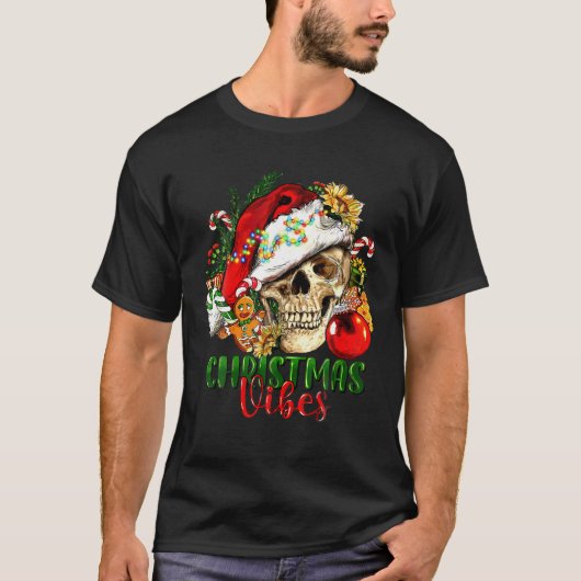 Retro Kerstvibes Skelet Schedel Santa Hoed Xma T-shirt (Voorkant)