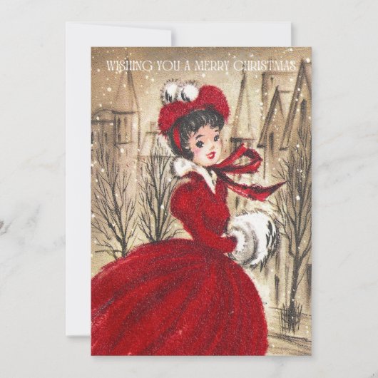Retro Kerstvrouw in het rood Feestdagenkaart (Voorkant)