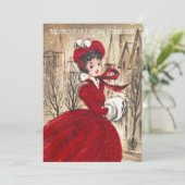 Retro Kerstvrouw in het rood Feestdagenkaart (Staand voorkant)