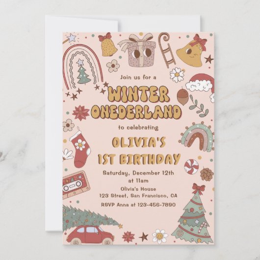 Retro Kerstwinter Onederland Eerste Verjaardag Kaart (Voorkant)