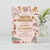 Retro Kerstwinter Onederland Eerste Verjaardag Kaart (Staand voorkant)