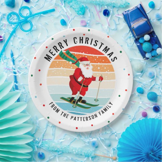 Retro kerstzonsondergang Skiing Santa Persoonlijk Papieren Bordje (Feest)