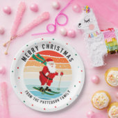 Retro kerstzonsondergang Skiing Santa Persoonlijk Papieren Bordje (Feest)