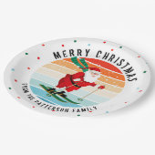Retro kerstzonsondergang Skiing Santa Persoonlijk Papieren Bordje (Gekanteld)