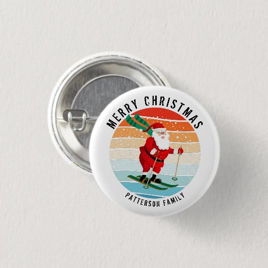 Retro kerstzonsondergang Skiing Santa Persoonlijk Ronde Button 3,2 Cm (Voorkant /achterkant)