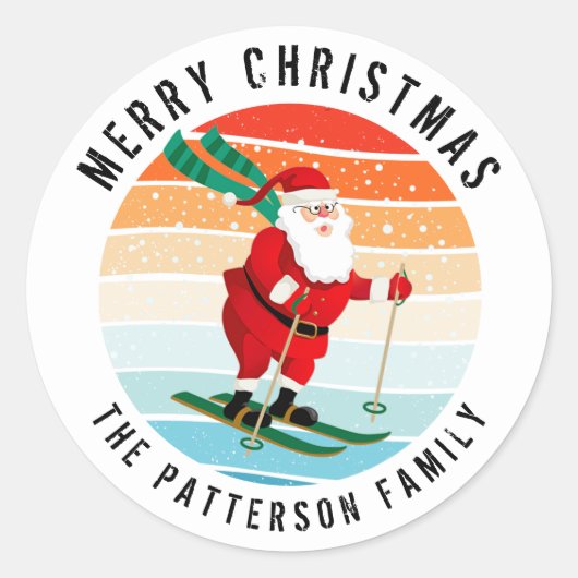 Retro kerstzonsondergang Skiing Santa Persoonlijk Ronde Sticker (Voorkant)