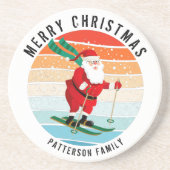 Retro kerstzonsondergang Skiing Santa Persoonlijk Zandsteen Onderzetter (Voorkant)