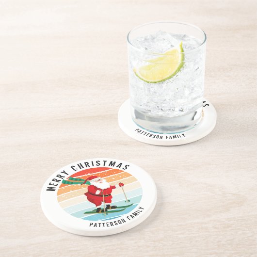 Retro kerstzonsondergang Skiing Santa Persoonlijk Zandsteen Onderzetter (Zijkant)