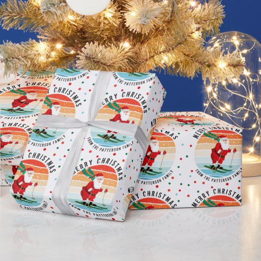 Retro kerstzonsondergang Skiing Santa Persoonlijke Cadeaupapier (Feestdagen)