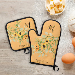 Retro keuken bloemenmonogram naam ovenwant & pannenlap set