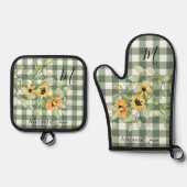 Retro keuken bloemenmonogram naam plaid ovenwant & pannenlap set (Voorkant)