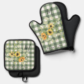 Retro keuken bloemenmonogram naam plaid ovenwant & pannenlap set (Voorkant / Achterkant)