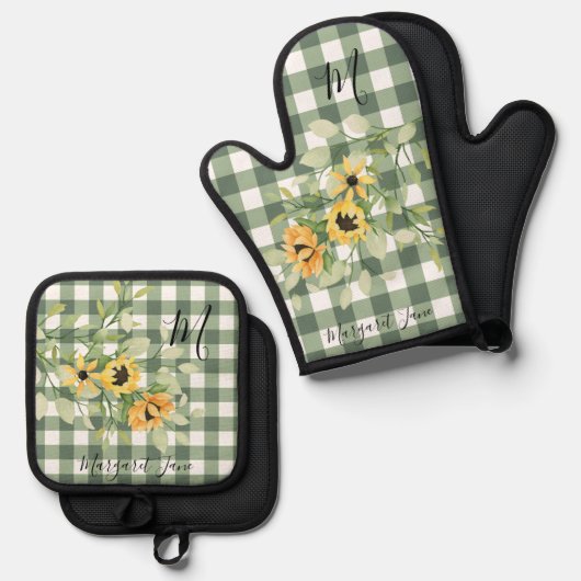 Retro keuken bloemenmonogram naam plaid ovenwant & pannenlap set (Voorkant / Achterkant)
