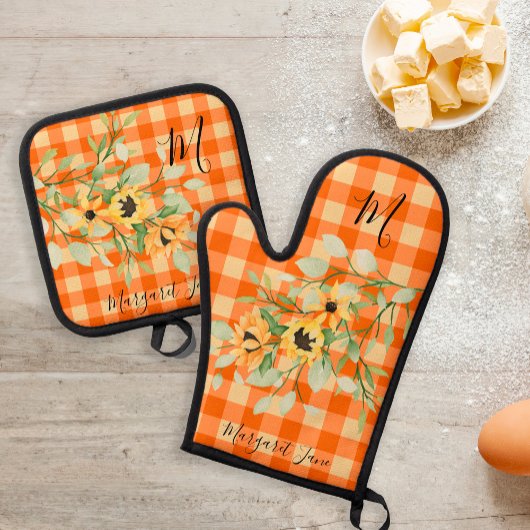 Retro keuken bloemenmonogram naam plaid ovenwant & pannenlap set