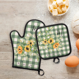 Retro keuken bloemenmonogram naam plaid ovenwant & pannenlap set
