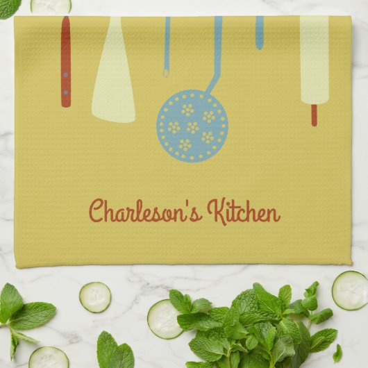 Retro Keuken Gepersonaliseerd Geel Theedoek (Gevouwen)