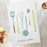 Retro keuken gepersonaliseerd theedoek<br><div class="desc">Fun retro kitchen implements. Change or remove the name or text to personalize. Original art by Nic Squirrell.</div>