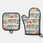 Retro Keuken Koken Boek Illustratie Aqua Ovenwant & Pannenlap Set (Voorkant)