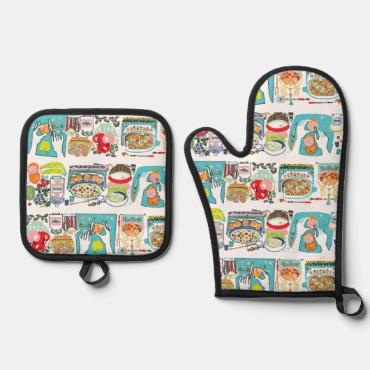 Retro Keuken Koken Boek Illustratie Aqua Ovenwant & Pannenlap Set (Voorkant)