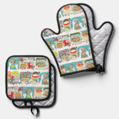 Retro Keuken Koken Boek Illustratie Aqua Ovenwant & Pannenlap Set (Voorkant / Achterkant)