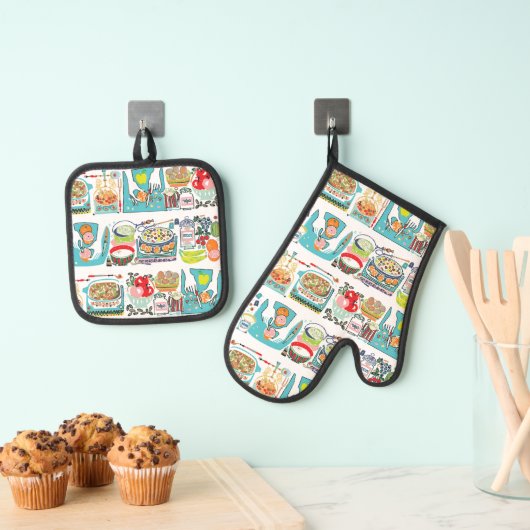 Retro Keuken Koken Boek Illustratie Aqua Ovenwant & Pannenlap Set (Insitu(Ophanging))