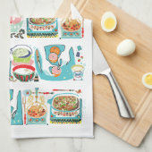 Retro Keuken Koken Boek Illustratie Aqua Theedoek (Quarter Fold)