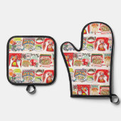 Retro Keuken Koken Boek Illustratie Rood Ovenwant & Pannenlap Set (Voorkant)