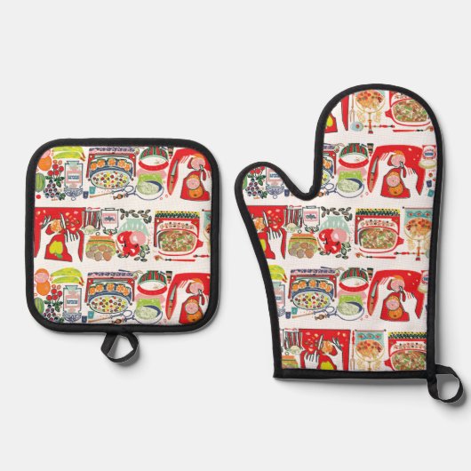 Retro Keuken Koken Boek Illustratie Rood Ovenwant & Pannenlap Set (Voorkant)