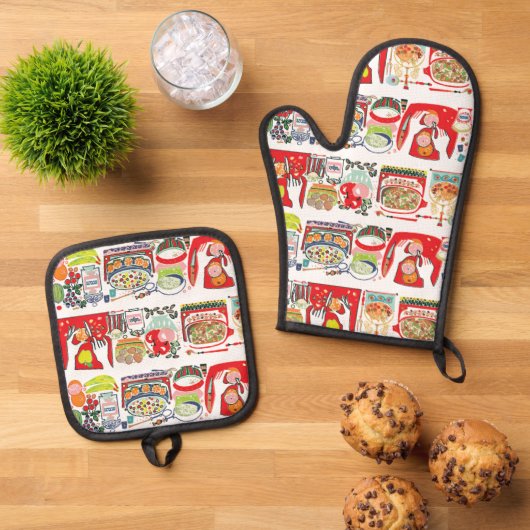 Retro Keuken Koken Boek Illustratie Rood Ovenwant & Pannenlap Set (Top down)
