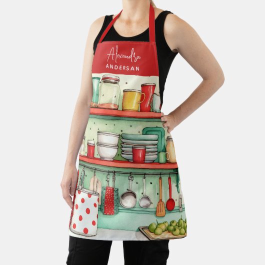 Retro Keuken Rood Script Naam Thuiskok Schort (Insitu)
