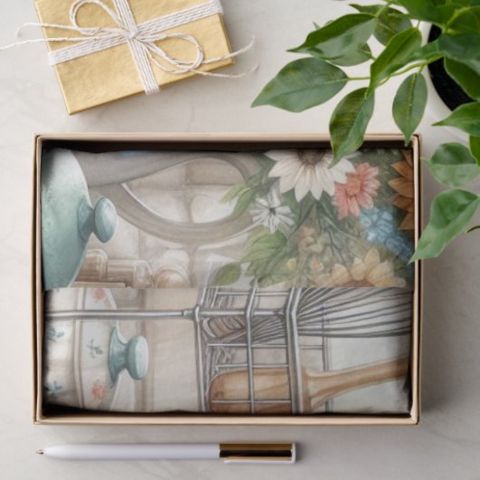 Retro Keukengerechten Theepot en Zonnebloemen Tissuepapier (Geschenk)