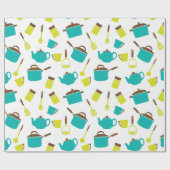 Retro  keukengerei 50s geel blauw cadeaupapier (Vlak)