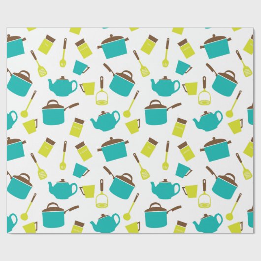 Retro keukengerei 50s geel blauw cadeaupapier (Vlak)